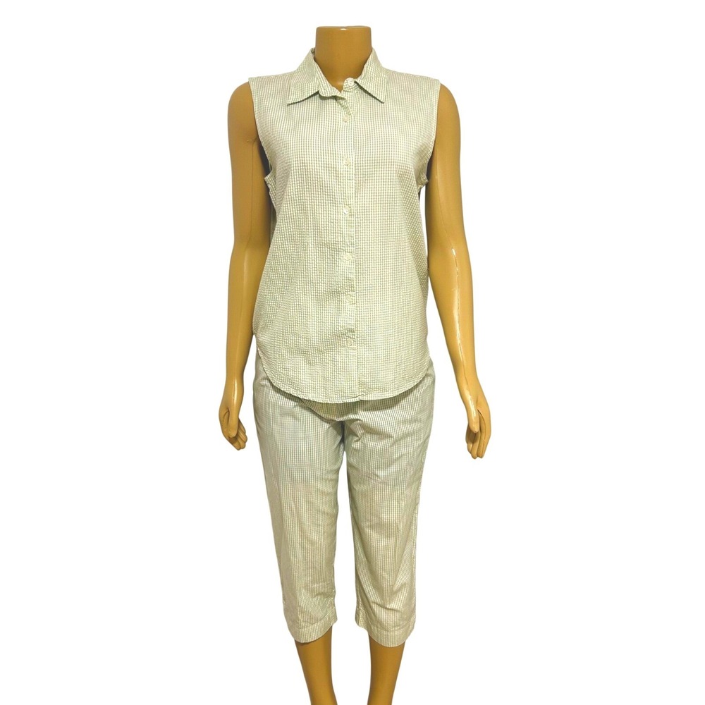 Charter Club Petite Gingham Sleeveless Shirt Capri Pants Set Light Green 10P